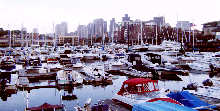 Docked boats in Boston's North End  harbor
